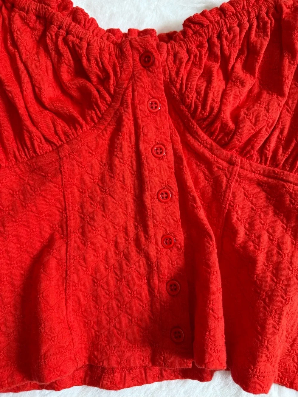 Free People Ladybug Long Sleeve Crop Top Red Textured Ruched Boho Size M NWOT